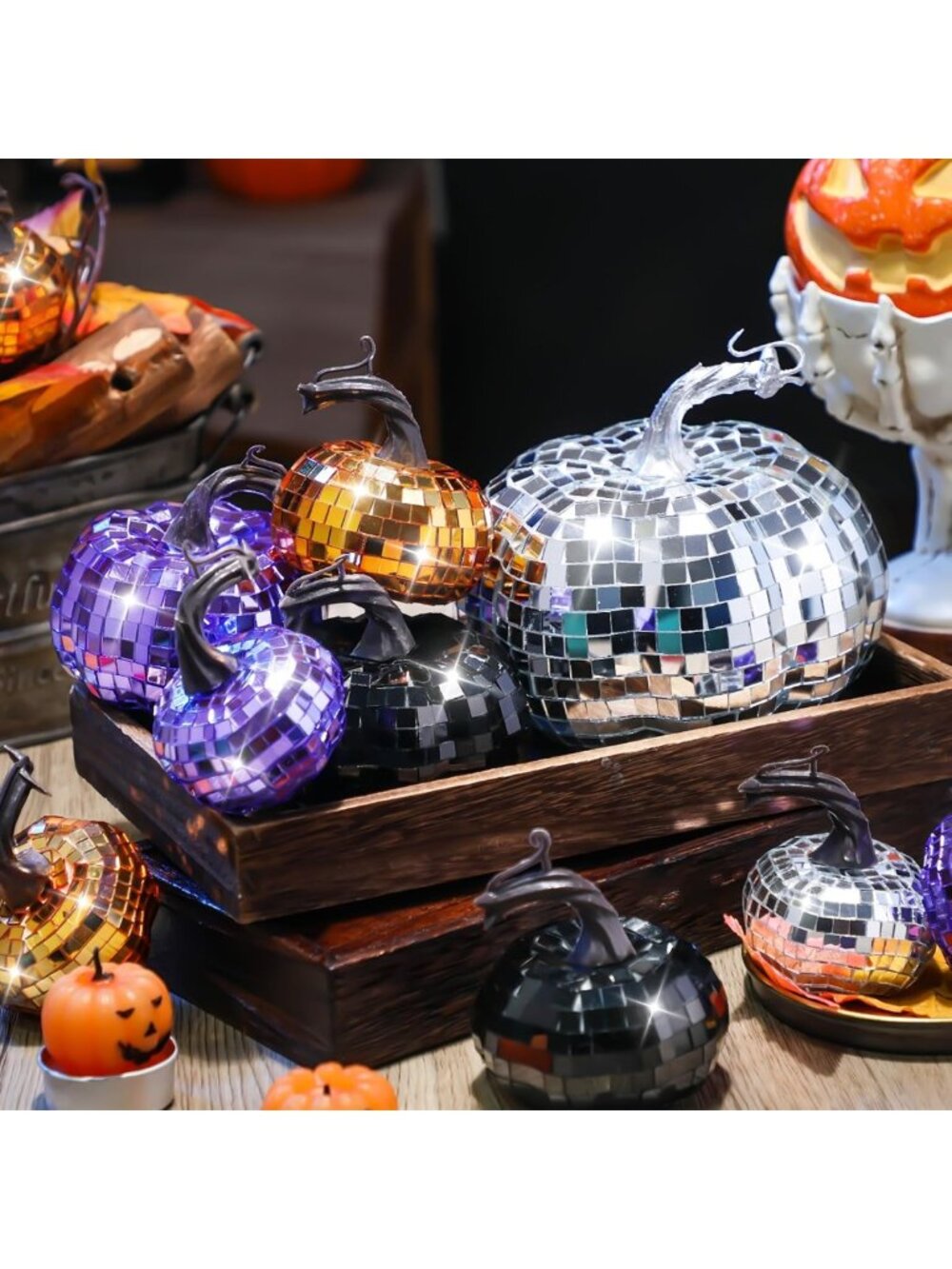 12 Pcs Disco Ball Pumpkin Decor - Orange, Silver, Black & Purple Halloween Decor